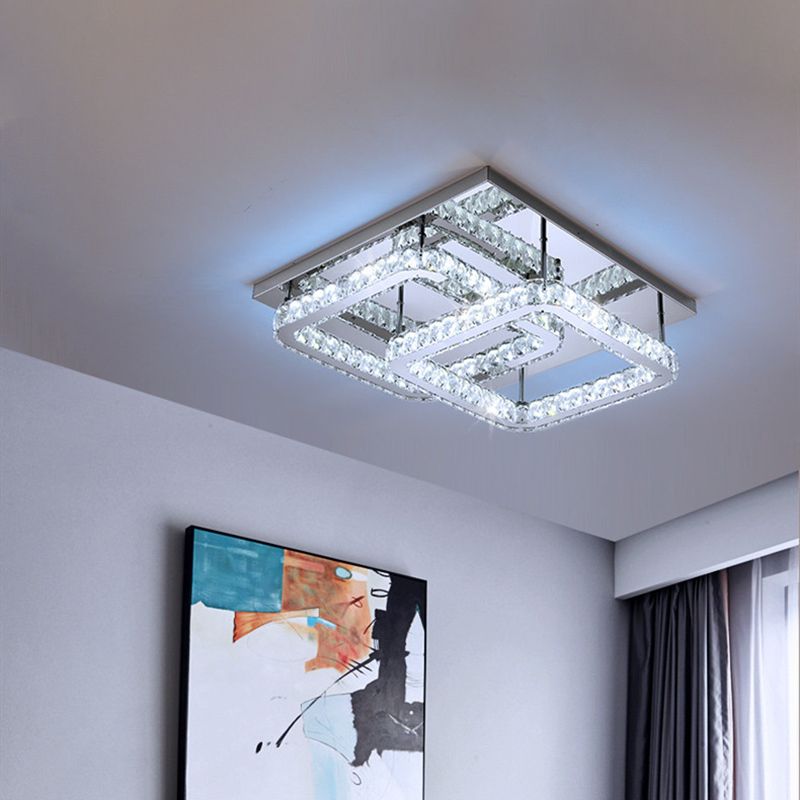 Square Cut Crystal Semi Flush Simple 19.5"/23.5" Width LED Chrome Close to Ceiling Lighting in Warm/White Light