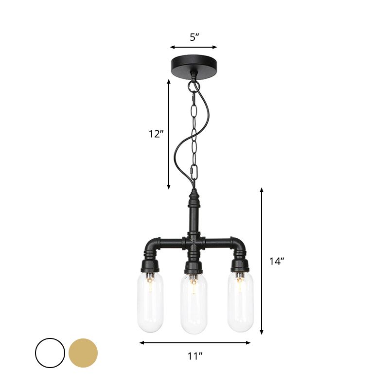 Amber/Clear Glass Pipe Chandelier Lighting Industrial 3 Heads Dining Room LED Ceiling Hang Fixture