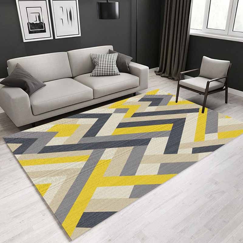Yellow Living Room Indoor Carpet Modern Geometric Rug Polyester Washable Area Carpet