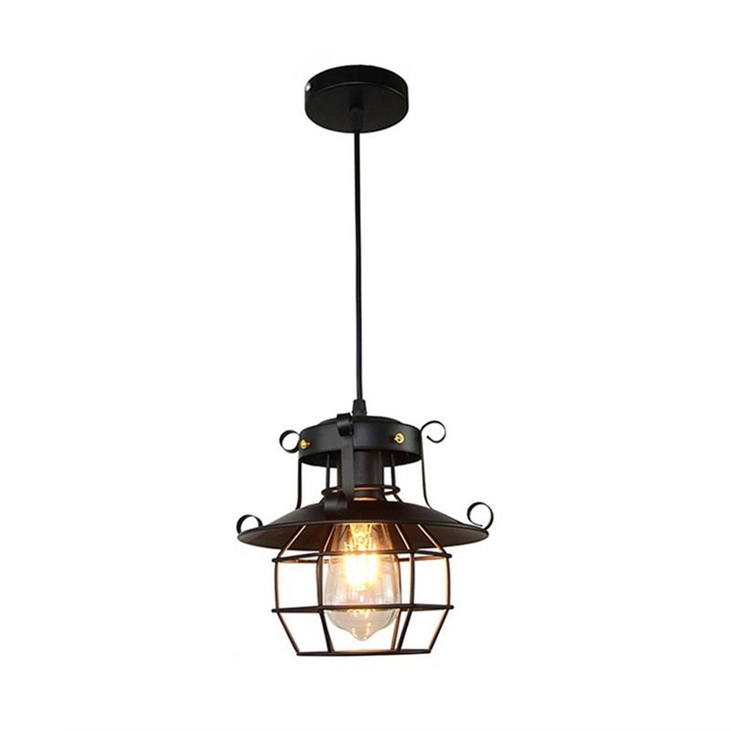 Single Bulb Industrial Style Pendant Light Diamond Iron Cage Design Hanging Lamp for Hallway Stairs