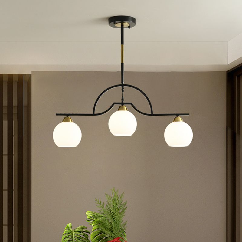 Modern 3 Bulbs Island Light Fixture Black Finish Ball Suspension Pendant Lamp with Cream/Clear Glass Shade