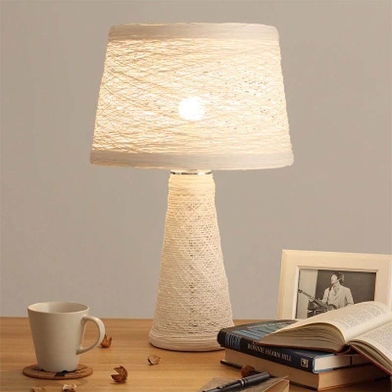 1 Bulb Study Room Desk Light Asian Style White/Tan Reading Book Lamp with Rattan Shade