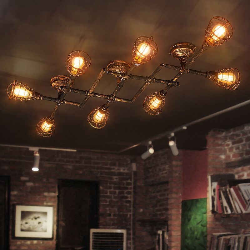 Pipada retorcida de hierro Semi Flush Cafetería Vintage Flush Lighting Luz de techo con jaula en bronce