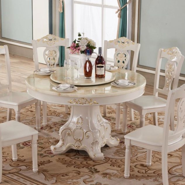 Solid Wood Victorian Round Table White Marble Top Table with Pedestal