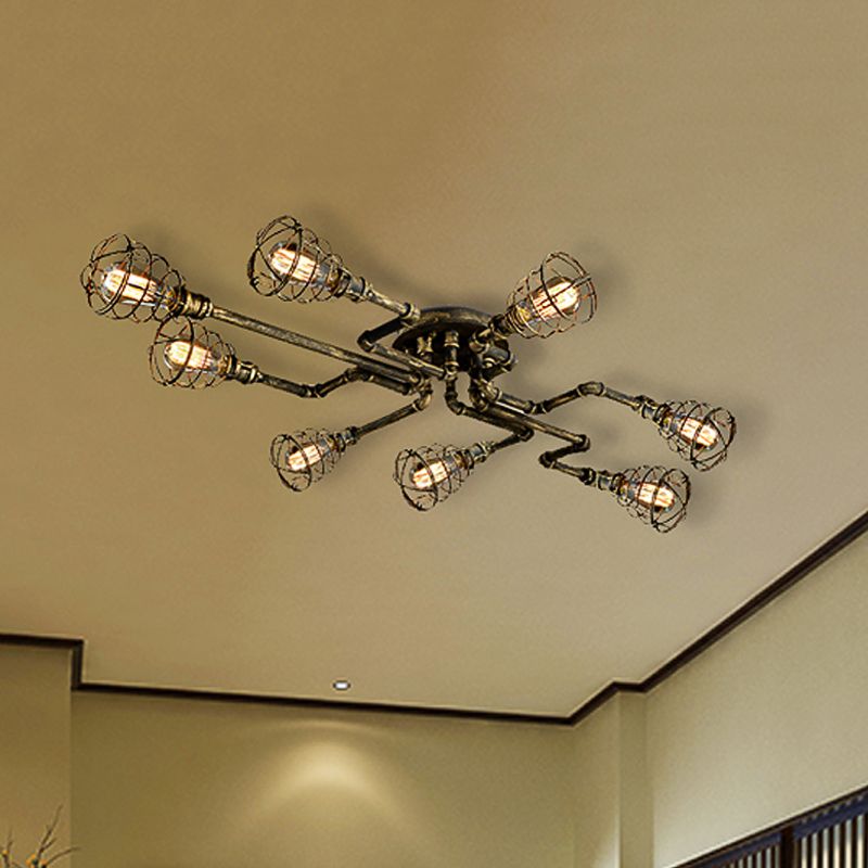 Tubo trenzado de bronce cerca de la lámpara de techo con pantalla de jaula Iluminación de techo interior de metal de estilo antiguo con 8 luces