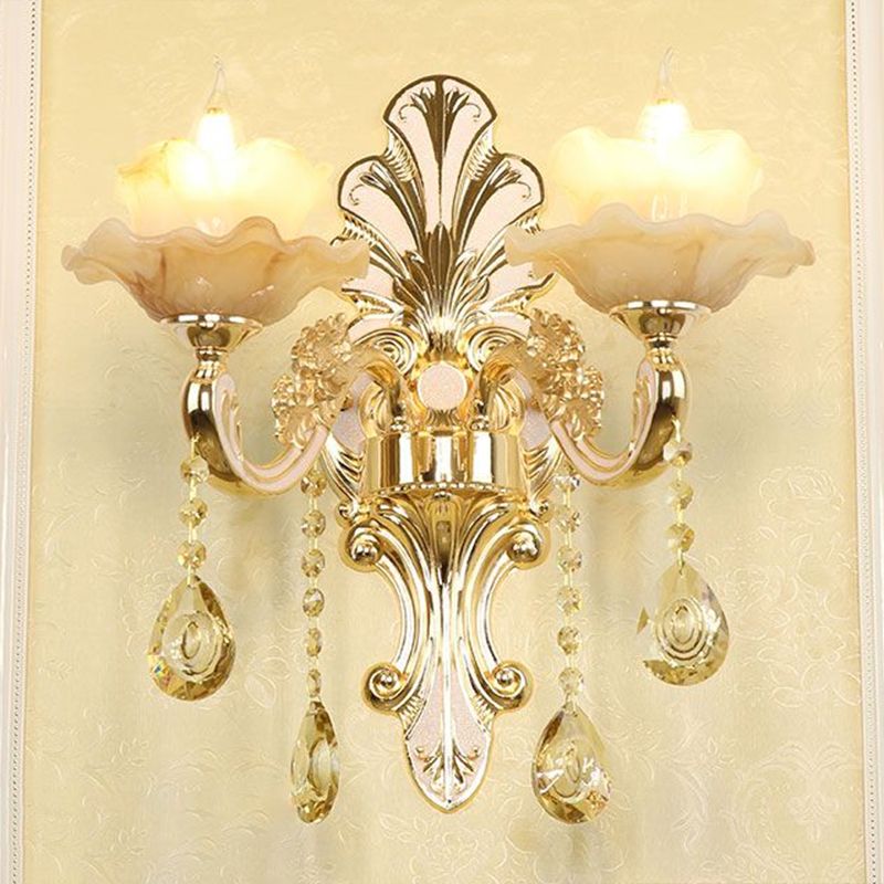 Classic Flower Wall Lamp Faux Jade Frosted Glass Wall Sconce with K9 Crystal Drops in Silver