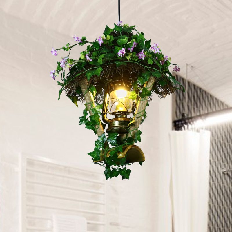 1 Glühbirne Bambus Anhänger Leuchte Leuchte Industrielle grüne Zylinder/Kerosinlampe Restaurant LED -Pflanze Hängelampe