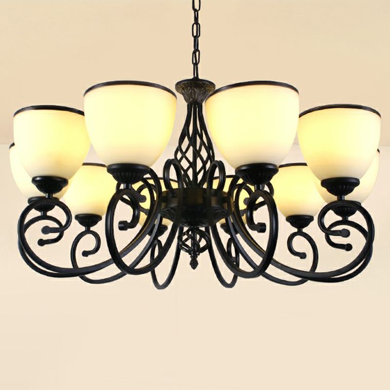 Swirled Arm Metallic Chandelier Pendant Light Vintage Living Room Hanging Light with Bell Frost Glass Shade
