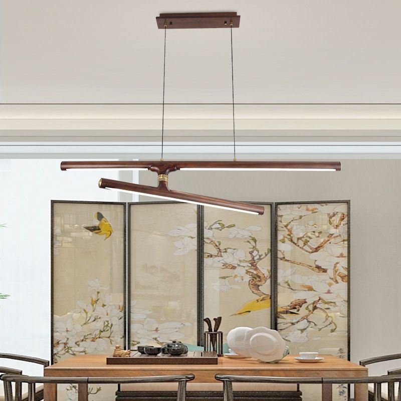 Linear Tea Room Suspension Lamp Wooden Minimalist LED Hanging Island Light Fixture