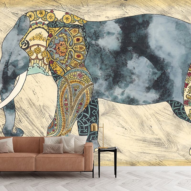 Boho-Chic Elephant Wall Mural Decal Blue-Brown Waterproof Wall Covering for Living Room
