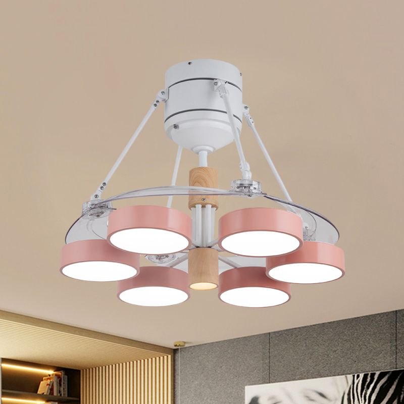 Simplicity Drum Pendant Fan Light Metallic 6-kop 48 "W Drawing Room dicht bij plafondlamp met 4 heldere messen in zwart/wit/roze