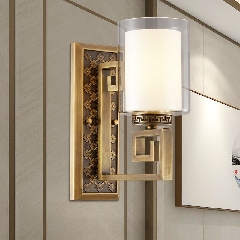 Antiqued Gold/Black Sconce Ideas Traditional Transparent and Matte Glass Dual Shade Pillar Wall Mounted Light