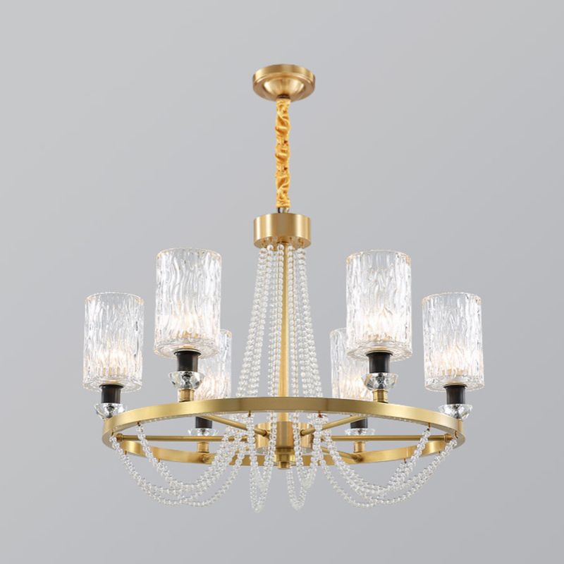 6-Head Cylinder Chandelier Lamp Postmodern Gold Wavy Crystal Hanging Ceiling Light