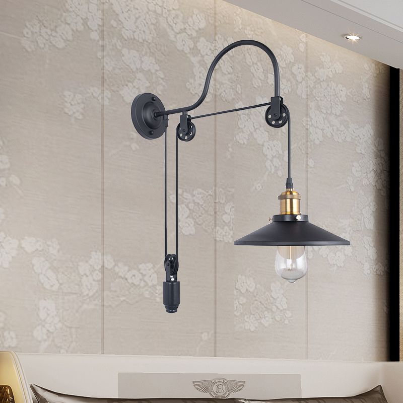 Wide Flare Metal Sconce Lighting Industrial Single Bulb Dining Room Wall Mounted Lamp in Black with Pulley