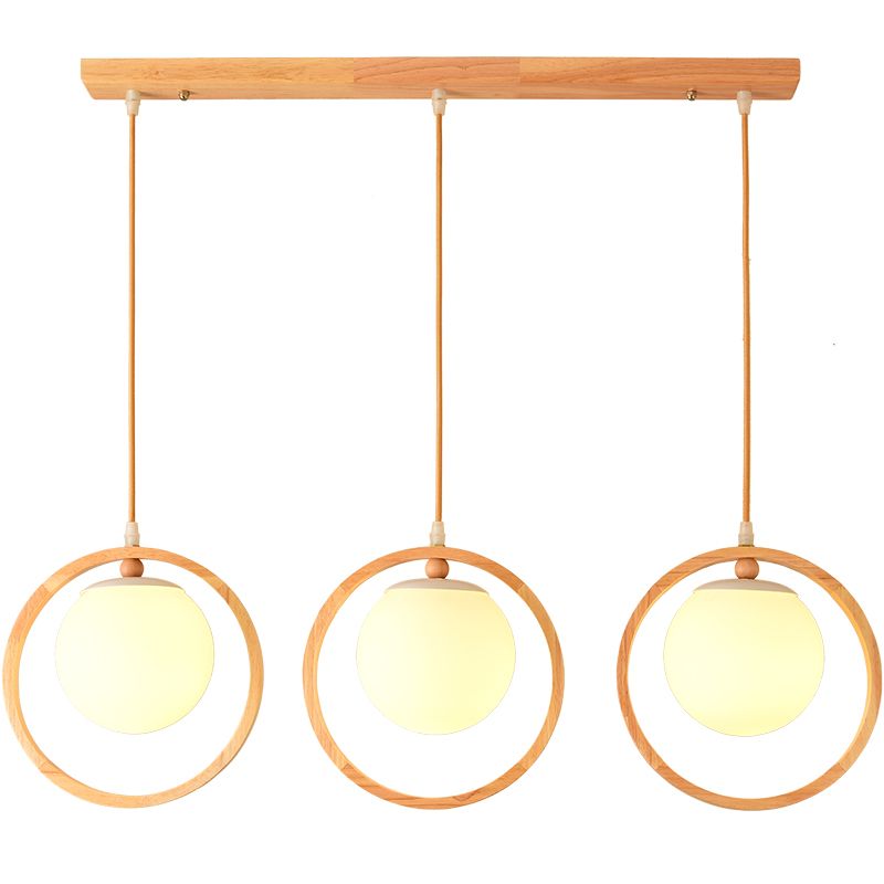 Opaline Glass Ball Cluster Pendant Nordic Style Beige Hanging Light Fixture with Wooden Ring