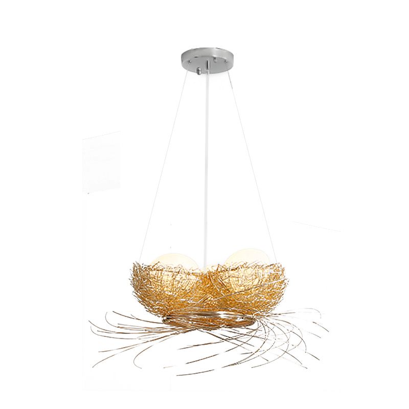 Egg Shaped Chandelier Pendant Art Deco White Glass 3-Light Hanging Ceiling Lamp in Brass with Aluminum Nest