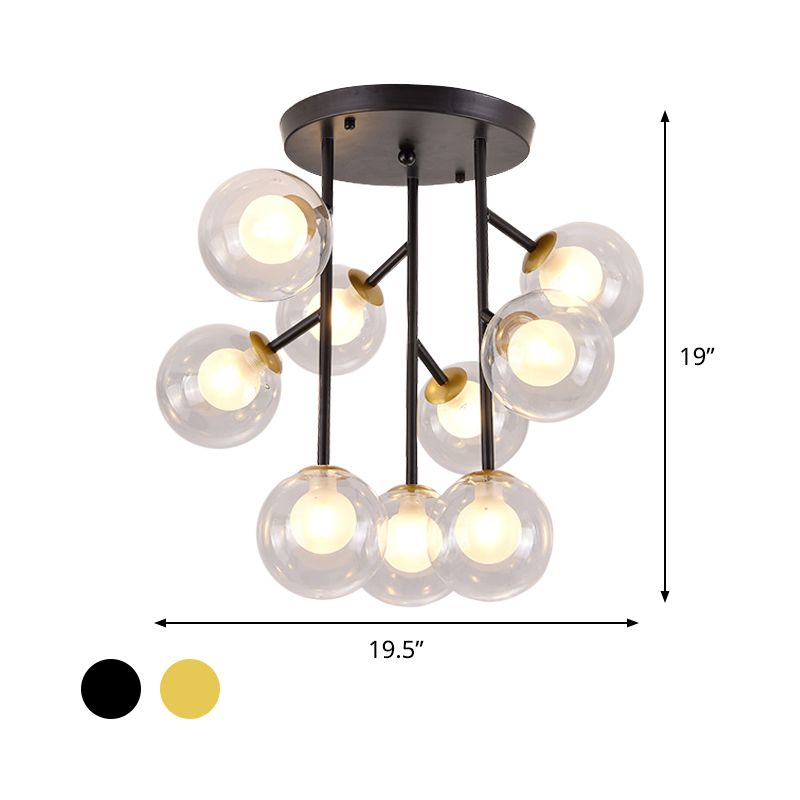 Ball Semi Mount Lighting Modern Clear Glass 9/12 Heads Living Room Close to Ceiling Lamp in Black/Gold