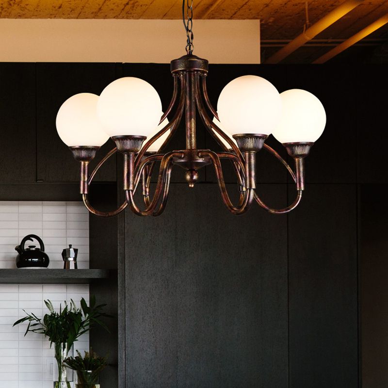 Opal Glass Sphere Chandelier Lamp Rural 6-Head Restaurant Pendant Ceiling Light in Rust