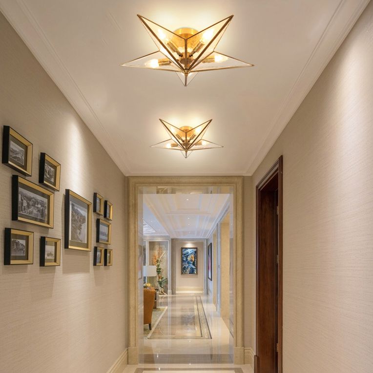 23,6 Zoll breites Pentagramm-Messing Deckenleuchte mit Glasschatten 5 Leichtstoffe Nordische Einfachheitsstil Flush Mount Lampe