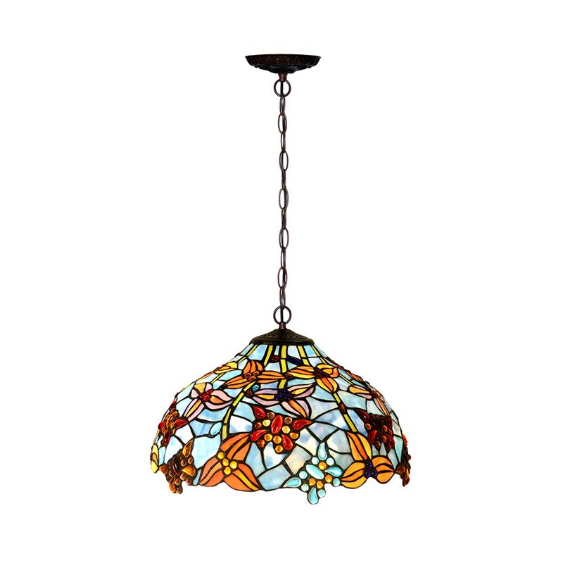 Red/Blue Cut Glass Petal Chandelier Lamp Mediterranean 2 Lights Bronze Pendant Light Fixture for Kitchen