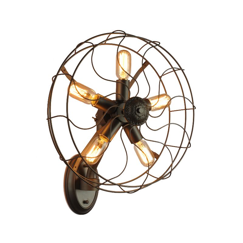 Black Wire Frame Wall Sconce with Fan Design Industrial Metal 5 Lights Corridor Wall Mount Light