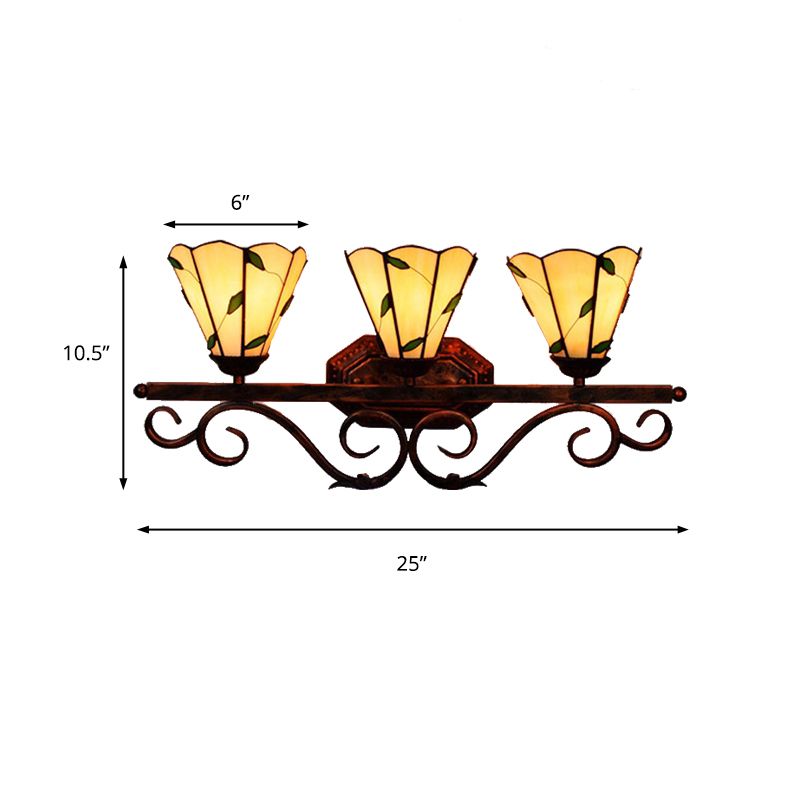 3 Lights Leaf Wall Sconce Lighting Stained Glass Rustic Wall Mount Light in Copper Finish for Bedroom