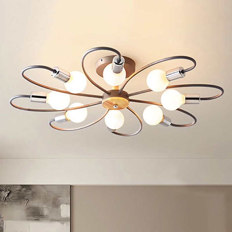 Spoutnik Lampe semi-encastrée contemporaine en métal 3/6/8 lumières Gris/vert Plafonnier semi-encastré avec bras incurvé