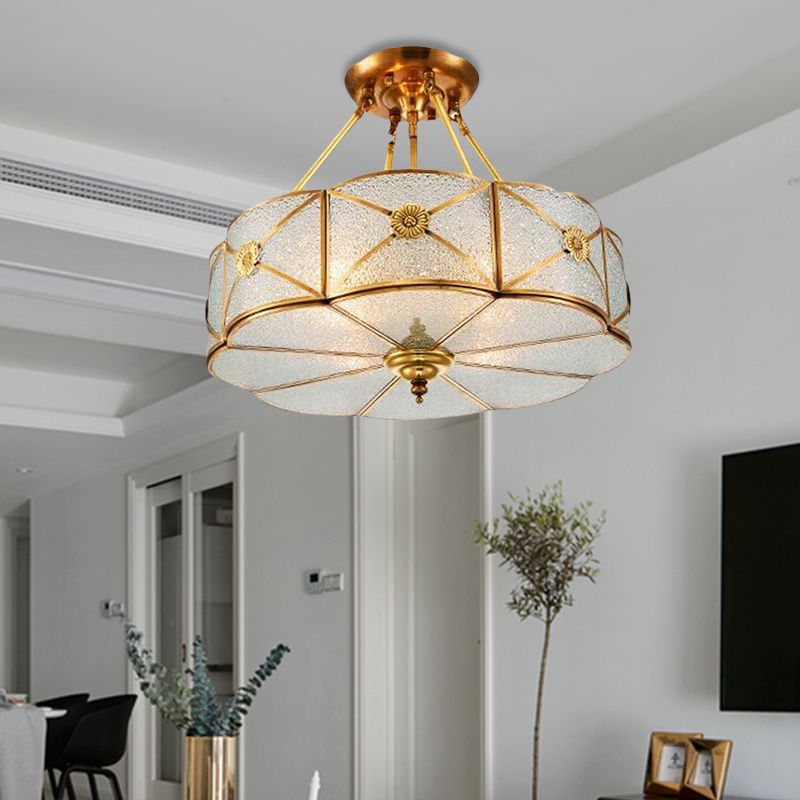 3/4/6 Bulbs Scalloped Ceiling Flush Mount Colonial Brass Seedy Glass Semi Mount Lighting for Bedroom, 14"/18"/23.5" W
