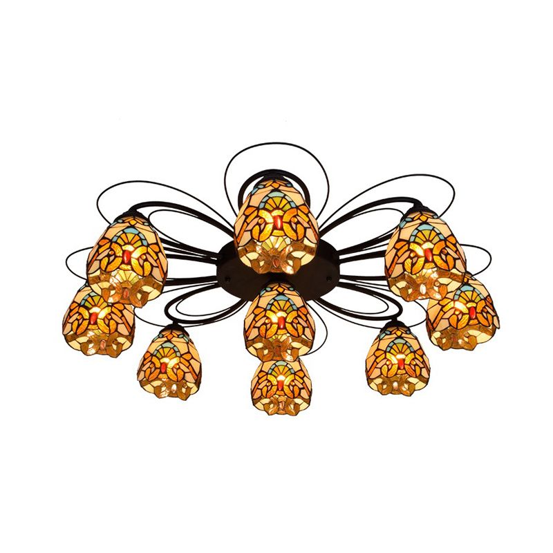 Plafonnier en verre teinté Tiffany, 3/7/9 têtes, éclairage Semi-encastré jaune/vert