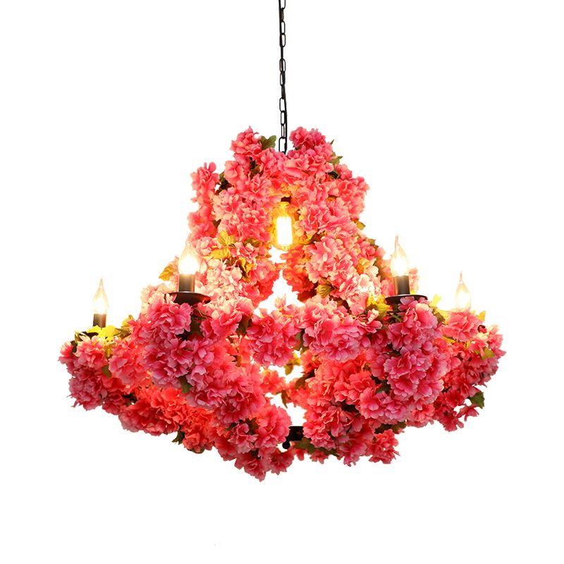7 Lights Cherry Blossom Chandelier Antique Pink Metal LED Pendant Light for Restaurant