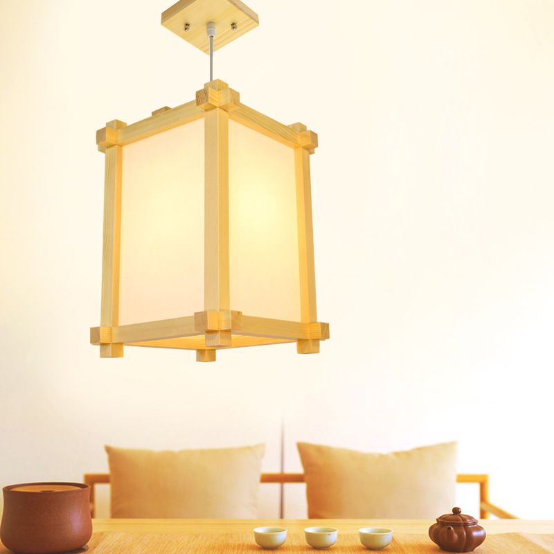 Natural Wood 1 Light Hanging Light Japanese Rectangle Pendant Ceiling Light for Restaurant