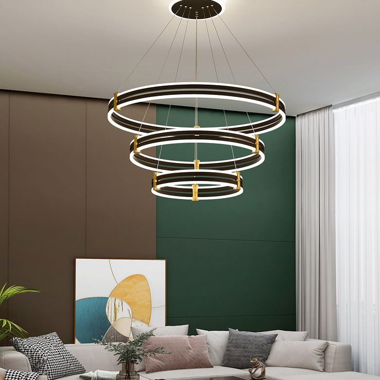 Black Tiered Round Chandelier Minimalist Acrylic LED Suspension Light for Living Room