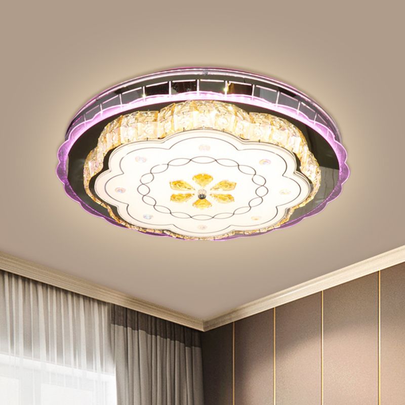 Contemporary Circular Ceiling Lamp Crystal Blocks LED Flush Light in Stainless-Steel with Floral Design