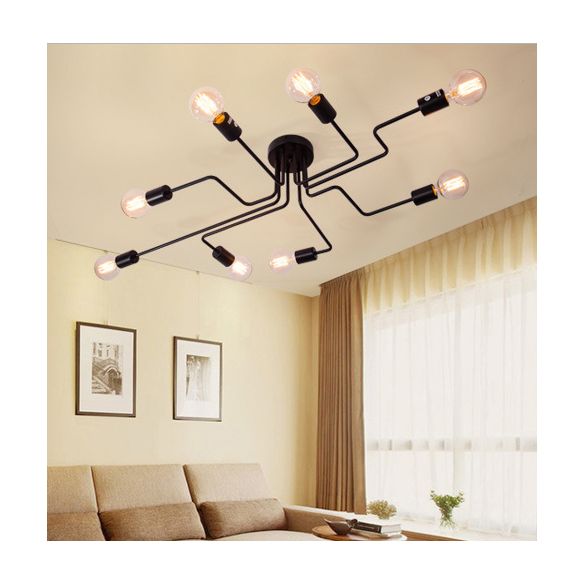 Black Sputnik Semi Flush Mount im industriellen Deckenlicht im industriellen Vintage -Stil mit Metallstiel für Schlafzimmer