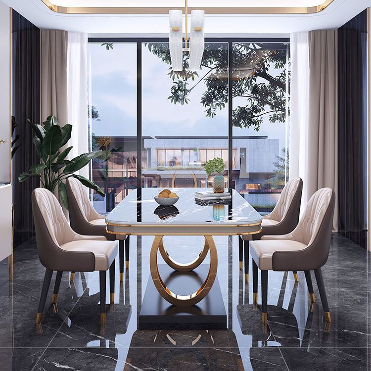 Stone Top Dining Table Traditional Luxury Table with Pedestal Base in Gold