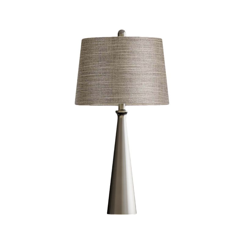 1 Bulb Bedroom Night Table Lighting Simple Silver Nightstand Lamp with Tapered Drum Fabric Shade