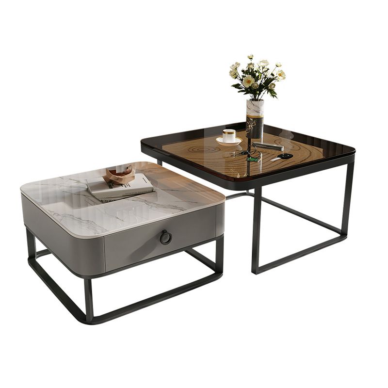 Glass/Slate Top Coffee Table Contemporary Frame Coffee Cocktail Table with Drawers
