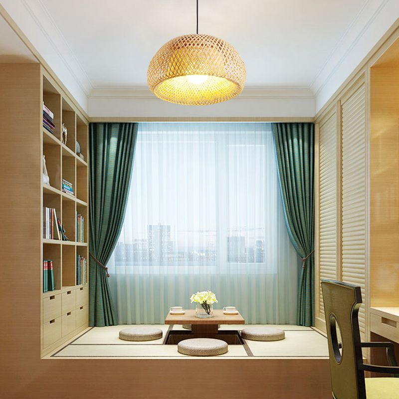 Cross-Woven Bamboo Pendant Lamp Asian Style 1 Bulb Domed Suspension Light