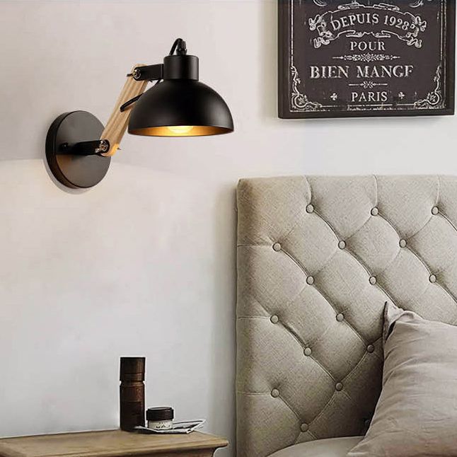 Industriewandlampe mit Holzschwung Arm Dome Metall Schatten Wandhalterung Licht für Schlafzimmer Bett