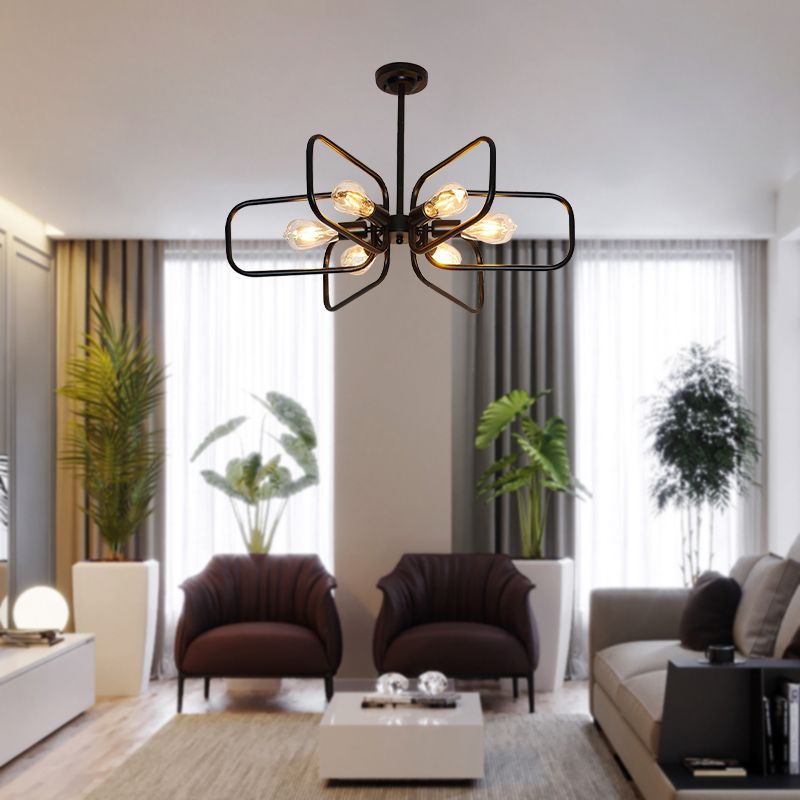 Lámpara de araña metálica rectangular industrial 6 luces iluminación colgante de restaurante en negro