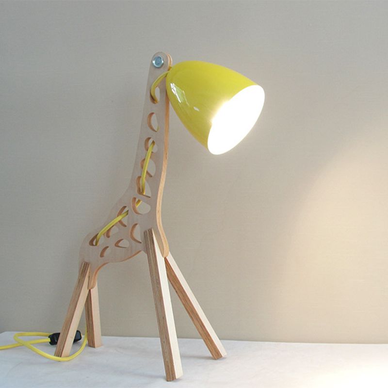 Cartoon Bell Night Light Metal 1-Light Bedroom Table Lamp in Blue/Red/Green with Standing Giraffe Wood Base