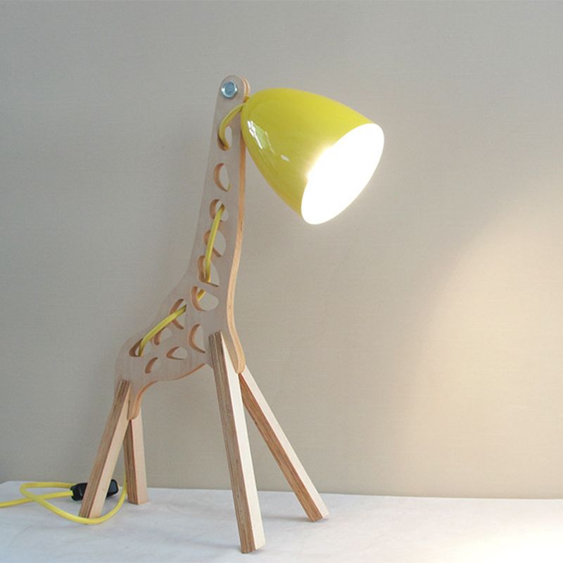 Cartoon Bell Night Light Metal 1-Licht Schlafzimmertischlampe in Blau/Rot/Grün mit stehendem Giraffe Holzbasis