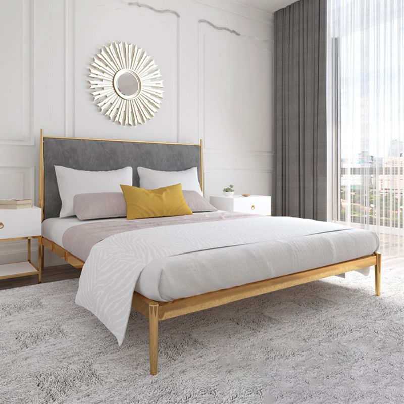 Luxurious Iron Bed Frame in Brass Upholstered High Panel Bed