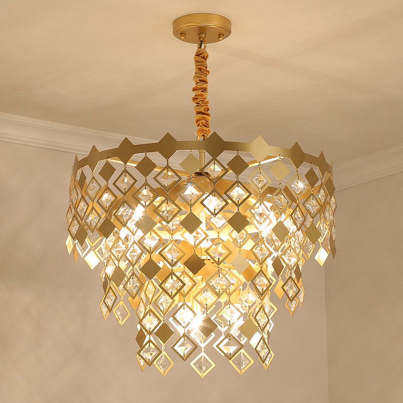 3 Tiers Dining Room Chandelier Light K9 Crystal 6 Heads Postmodern Pendant Light Fixture in Gold