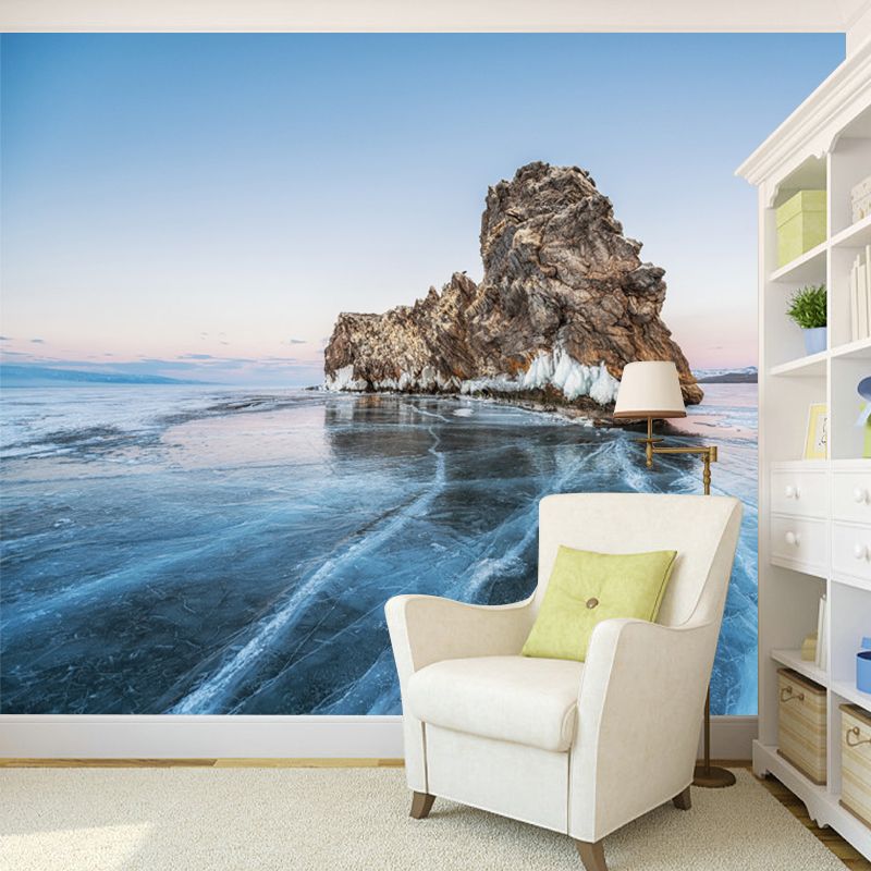 Mountain on Frozen Sea Mural Wallpaper Modern Non-Woven Material Wall Covering in Blue
