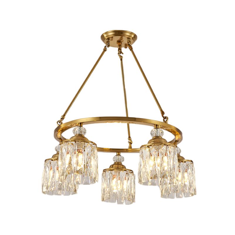 Postmodern Circle Hanging Chandelier 5 Bulbs Cut Crystal Cylinder Ceiling Pendant Light in Gold