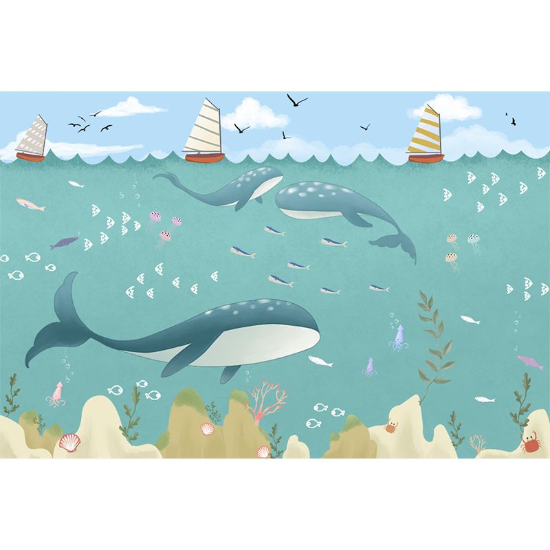 Decalcomania murale impermeabilizzante in colore chiaro con grande balena in stile per bambini, per la cameretta dei bambini