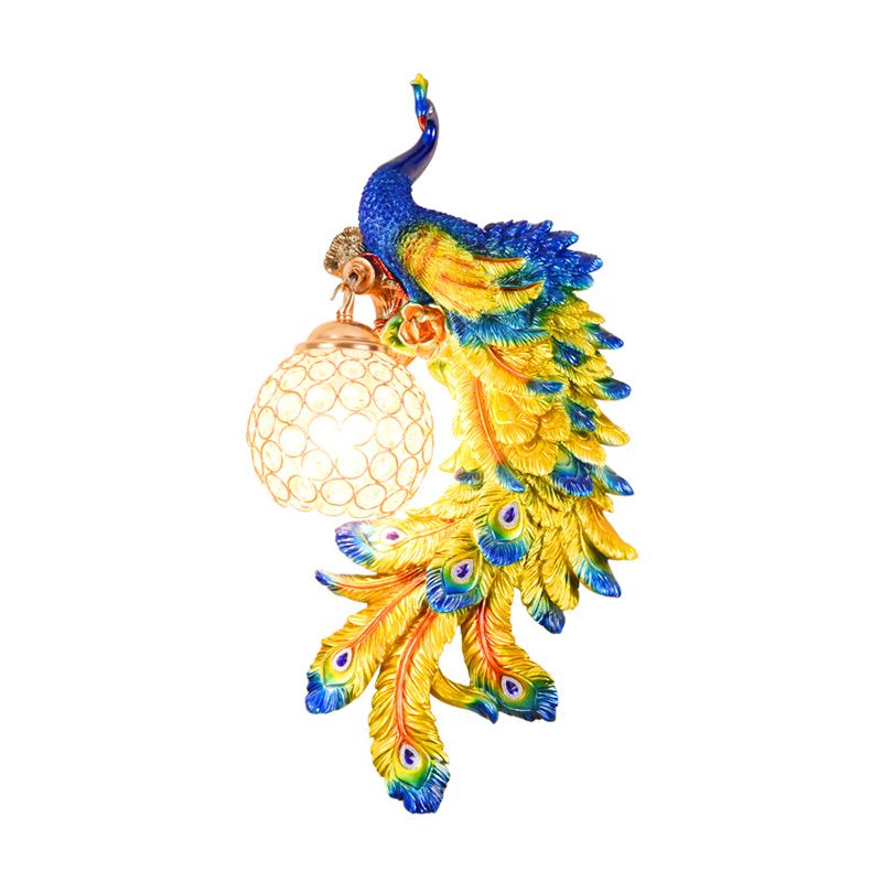 Double/Right/Left Peacock Wall Lamp Country Resin 1 Bulb Sconce Light Fixture with Clear Crystal Shade in White/Blue Finish, 1/2-Pack