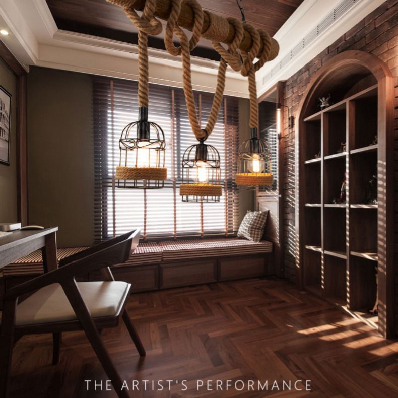 Rope Cage Shade Island Light Fixture Retro Style Restaurant Chandelier Light Fixture in Beige