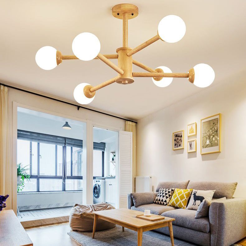 Multi Light Spherical Branch Hanging Lights Modern Style Wood Hanging Lighting